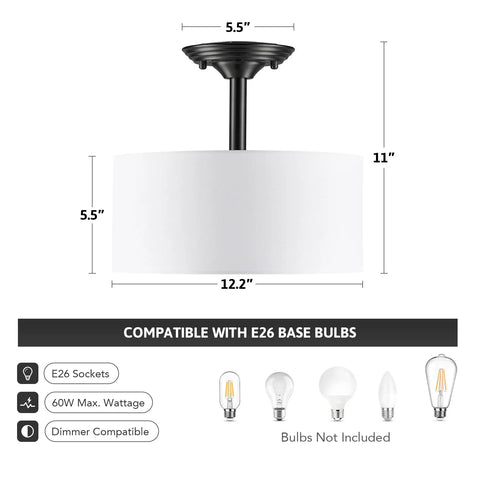Diagram of Matte Black 13 Inch Drum Ceiling Light Fixture With White Shade Two-Light Semi-Flush Mount Close-To-Ceiling Lamp