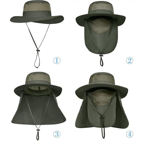 4 views of 3 Pack Men's Outdoor Wide Brim Hat With UPF 50 Plus Sun Protection, Face And Neck Flap Removable, Breathable Nylon Quick Dry