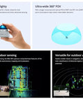 360 Degree LiDAR Sensor For Robots And Drones With Ultra Wide Field Of View, Lightweight 265g And Compact 65X65X60mm, Short 10cm Detection Range For Smooth Navigation And Precise Mapping, With Connector shown from various angles in use.