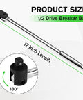 Heavy Duty 1/2 Inch Drive Breaker Bar 17 Point 5 Inches With 180 Degree Rotatable Head chrome vanadium steel tool showing 17 inch length and head detail.