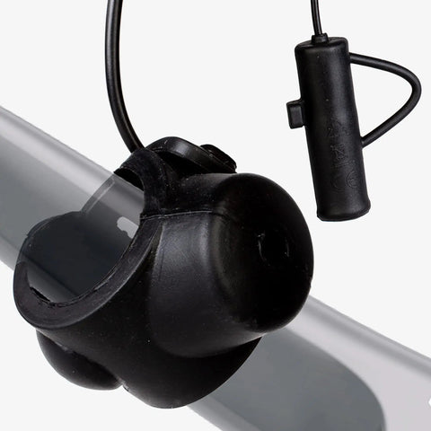 Close-up of 120dB Electric Bike Horn for Mountain and Road Bikes and Scooters, waterproof handlebar bell with battery compartment.