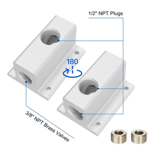 Two Pack Three Quarter Inch Compressed Air Outlet Kit With One Half Inch NPT Ports Aluminum Manifold Includes Straight Fittings And Brass Valves Perfect For Three Quarter Inch Air Piping Systems, showing two aluminum blocks and brass valves.