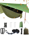Double Parachute Nylon Camping Hammock Set With Rain Fly Tarp Mosquito Net And Tree Straps displayed with accessories