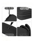Waterproof Double Layer Travel Cord Organizer Pouch For Electronics Accessories Charger USB Cables Gadgets All In One Storage Bag Black with multiple pockets, durable zips, and waterproof material, featuring lanyard and multi-zipper storage shown in a four-part image.