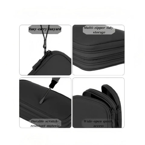 Waterproof Double Layer Travel Cord Organizer Pouch For Electronics Accessories Charger USB Cables Gadgets All In One Storage Bag Black with multiple pockets, durable zips, and waterproof material, featuring lanyard and multi-zipper storage shown in a four-part image.
