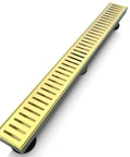 24 Inch Linear Shower Drain System With Capsule Pattern Grate And Removable Cover In Brushed Gold Pro Grade SUS304 Stainless Steel CUPC Certified No Hub Compatible Easy Clean Water Flow And Clog Prevention.