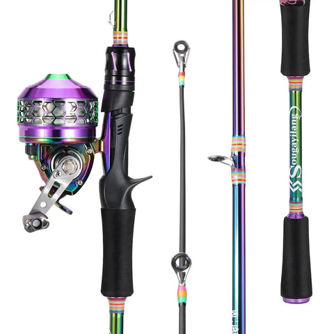 Colorful 5.9ft Two Piece Fishing Rod And Spincast Reel Combo Portable Lightweight Casting Rod for freshwater angling, vibrant design.
