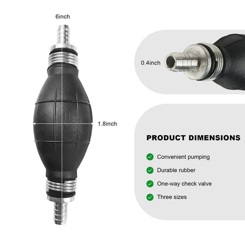 Heavy Duty Manual Fuel Transfer Pump With 10Mm Rubber Bulb Vacuum Line Siphon Hose For Gasoline Diesel Oil showing dimensions and design.