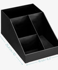 Coffee Station Organizer With 4 Compartments Perfect For Storing Coffee Pods Sugar Creamer Stirrers And Tea Bags On Your Office Or Kitchen Countertop For Quick Grab And Go Access And Neat Countertop Organization showing black plastic caddy dimensions