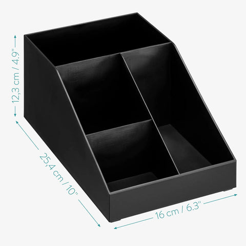 Coffee Station Organizer With 4 Compartments Perfect For Storing Coffee Pods Sugar Creamer Stirrers And Tea Bags On Your Office Or Kitchen Countertop For Quick Grab And Go Access And Neat Countertop Organization showing black plastic caddy dimensions