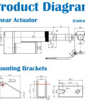 Linear actuator diagram with mounting brackets; 10-inch (250 mm) length, DC12V motor
