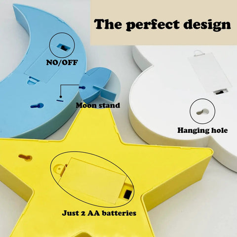 Back view of Three Shape Night Light Set Star Moon Cloud Warm White Glow For Kids Room Nursery Decor Lamp Soft Cozy Dreamy Ambience with battery slots and hanging holes.