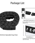 Package showing 15x15mm Semi Enclosed Drag Chain Cable Carrier For CNC Machines - Black Plastic, 1 Meter Length, Inner Side Openable