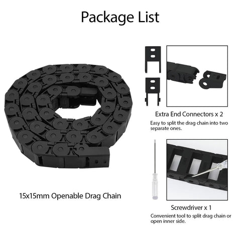 Package showing 15x15mm Semi Enclosed Drag Chain Cable Carrier For CNC Machines - Black Plastic, 1 Meter Length, Inner Side Openable
