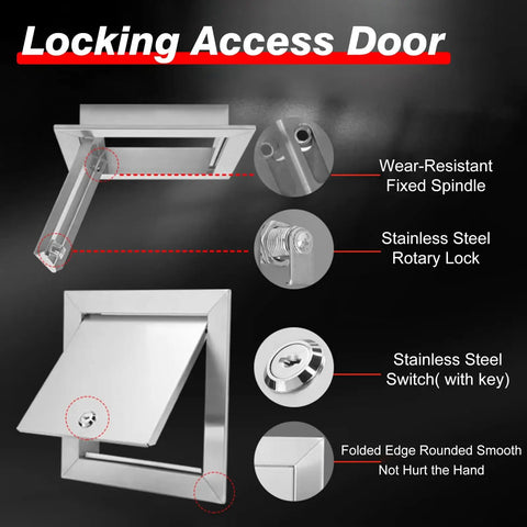 Rock Solid Stainless Steel Access Panel With Reliable Lock for Plumbing and Utility, features a stainless steel rotary lock.