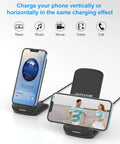 Upgraded Fast Wireless Charger Stand for Galaxy And iPhone Models No Cable Hassle with phones displayed vertically and horizontally.