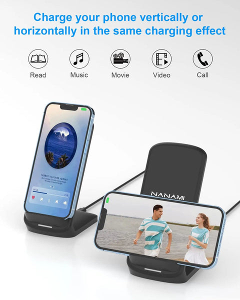 Upgraded Fast Wireless Charger Stand for Galaxy And iPhone Models No Cable Hassle with phones displayed vertically and horizontally.