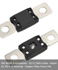 Built Tough MEGA Fuse Holder With 100 Amp Cartridge And Clear View Lid For 12V And 24V DC Circuits Double Pack showing a black nylon housing and copper alloy fuse link.