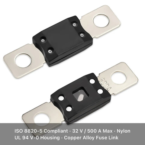 Built Tough MEGA Fuse Holder With 100 Amp Cartridge And Clear View Lid For 12V And 24V DC Circuits Double Pack showing a black nylon housing and copper alloy fuse link.
