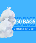 Super Tough Clear 13 Gallon Trash Bags 250 Count Bulk Stash Heavy Duty in rolls, 23" x 32", ideal for kitchen cleanup.
