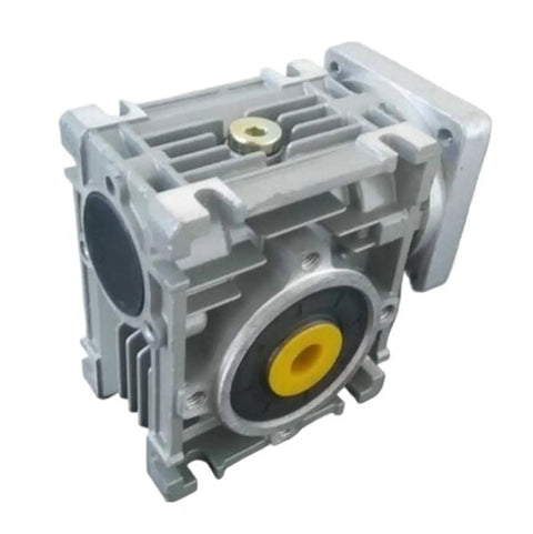 High Performance Worm Gearbox Speed Reducer Featuring A 40 To 1 Ratio Compatible With Nema 23 Steppers And 57 Mm Dc Motors close-up view showing compact design and yellow input gear.