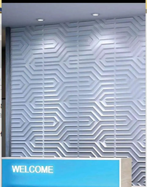 Geometric 3D PVC Wall Panels Matte White Pack of 12 Tiles Covering 32 Sq Ft, Each 19.7 Inch Square installed in office wall