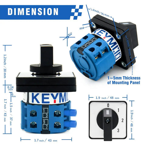 Dimensions of Heavy Duty 20A Rotary Changeover Switch 660V With 4 Positions 2 Poles 8 Terminals