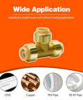 Six Pack 1/2 Inch Push Fit Tee Fittings With Disconnect Clip for Copper PEX CPVC Pipes fitting, shown with compatible pipe types