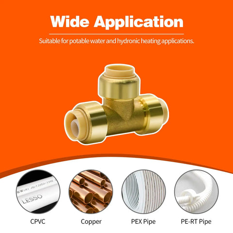 Six Pack 1/2 Inch Push Fit Tee Fittings With Disconnect Clip for Copper PEX CPVC Pipes fitting, shown with compatible pipe types