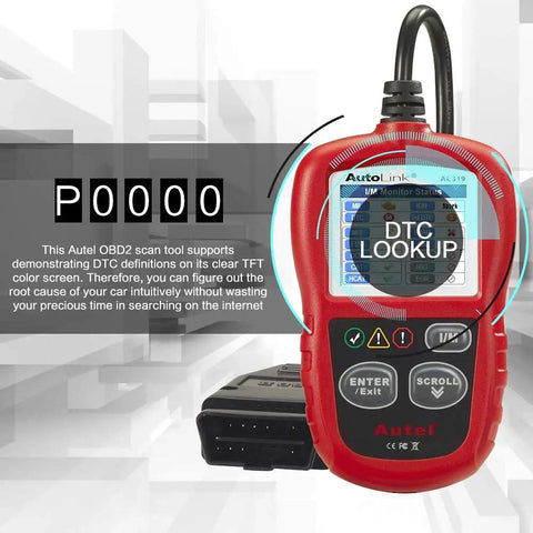 AL319 OBD2 Scanner Car Code Reader for Engine Fault Codes displaying DTC lookup feature, shows buttons and cable attachment