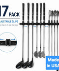 Golf Club Wall Mount Rack For Garage And Golf Room, Organizes 17 Clubs On 36 Inch Aluminum Display with adjustable clips visible