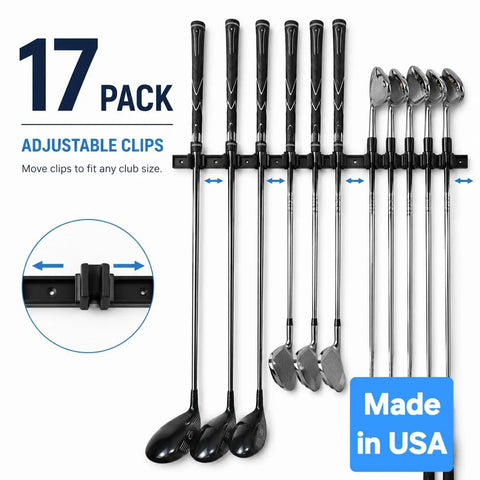 Golf Club Wall Mount Rack For Garage And Golf Room, Organizes 17 Clubs On 36 Inch Aluminum Display with adjustable clips visible