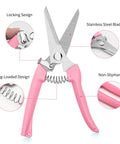 7.6 Inch Pruning Shears For Beginners That Are A Real Workhorse With High Strength Stainless Steel Sharp Rust Resistant Blades And Comfortable Grip Handles Garden Clippers For Roses And Flowering Plants Pink, featuring pink handles and close-up details of the design elements.