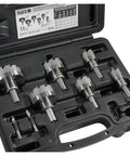 Heavy Duty Hole Cutter Kit With Carbide Cutters And Two Pilot Bits in rust proof molded plastic case eight piece workhorse set