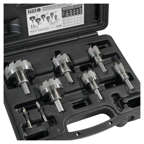 Heavy Duty Hole Cutter Kit With Carbide Cutters And Two Pilot Bits in rust proof molded plastic case eight piece workhorse set