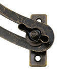 Close-up view of Two Piece Lid Support Hinge Set For Cabinets And Wooden Jewelry Boxes With Curved Rods And Eight Screws Left And Right Pair Iron