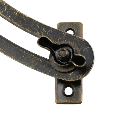 Close-up view of Two Piece Lid Support Hinge Set For Cabinets And Wooden Jewelry Boxes With Curved Rods And Eight Screws Left And Right Pair Iron