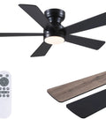 Sleek 46 Inch Flush Mount Ceiling Fan With Integrated Light Kit And Wireless Remote, Five Reversible Matte Black Blades.