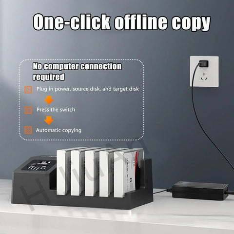 Rock Solid 5 Bay Hard Drive Duplicator And Offline Clone Station with multiple drives, power connection, and user interface.