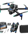 GPS Drone With 8K Dual HD Cameras And EIS For Dope Aerial Shots, 5G WiFi FPV Quadcopter displayed with remote, batteries, and case