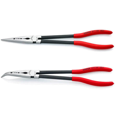 Extra Long 11 Inch Needle Nose Pliers Set With Keeper Pouch For Auto And Mechanical Work, featuring straight and angled jaws