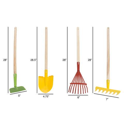 Kids Gardening Tool Set With Wood Handles 4 Piece Mini Garden Tools for Little Helpers with shovel, rake, hoe shown.