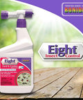 Eight Insect Control Yard And Garden Ready To Spray 32 Oz long lasting insecticide bottle on a wooden surface with green background.