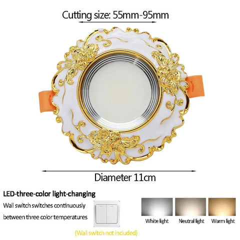 JUDYSSY Vintage Resin Downlight Round Recessed Lighting Housing Trim Kits LED Recessed Lighting LED Round Ceiling Light Kit Ceiling Lights Fixture Or Flat Baffle Trim,Blue-7W with ornate floral design and three-color light-changing feature.