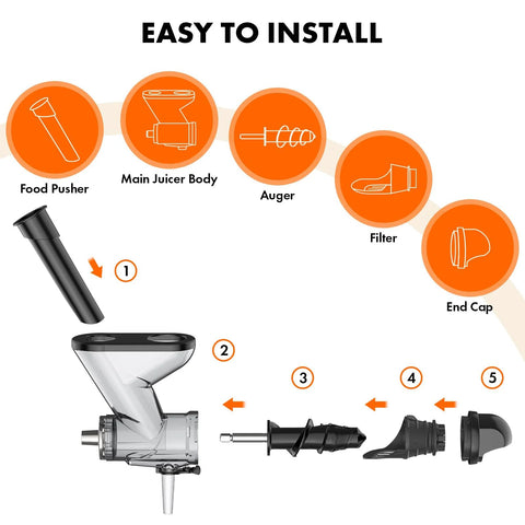 Exploded diagram of KitchenAid masticating juicer attachment components: food pusher, main body, auger, filter, end cap.