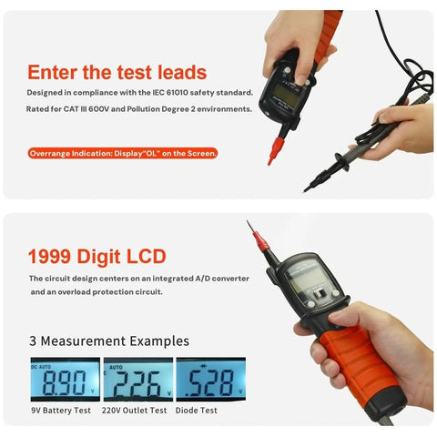Compact Digital VOM Meter For DIYers And Auto Fixers Pen Sized Volt Meter in use with test leads and digital display details