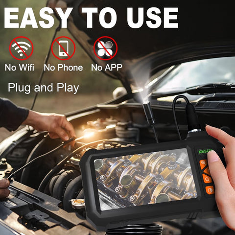 Person using Borescope Inspection Camera with Light on car engine, 4.3 Inch HD Display showing engine detail