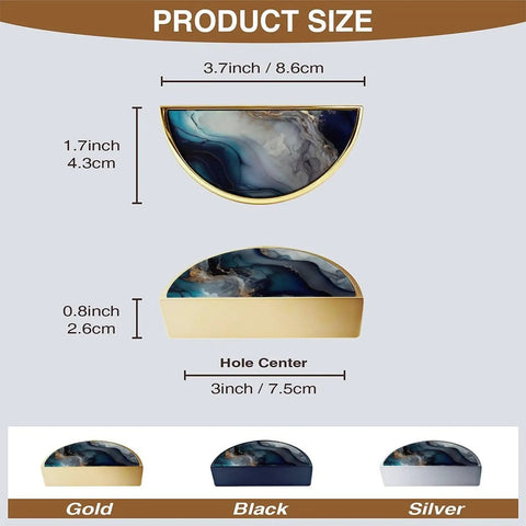 2 Pack Dope Deep Blue Gold Fluid Art Cabinet Pulls 3 Inch Center to Center size guide with semicircle zinc alloy handles