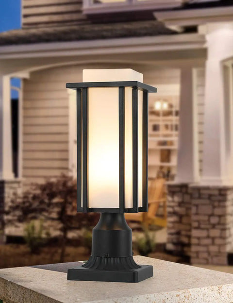 Outdoor Post Light For Patio And Garden, All Weather Sand Black Metal Lantern With 3 Inch Base, Milk White Frosted Glass