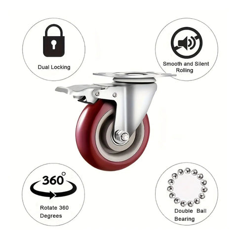 Heavy Duty Swivel Plate Casters With Brakes And Brake Lock For Furniture Carts Flat Plate Mount 360 Degree Swivel Wheels in red
